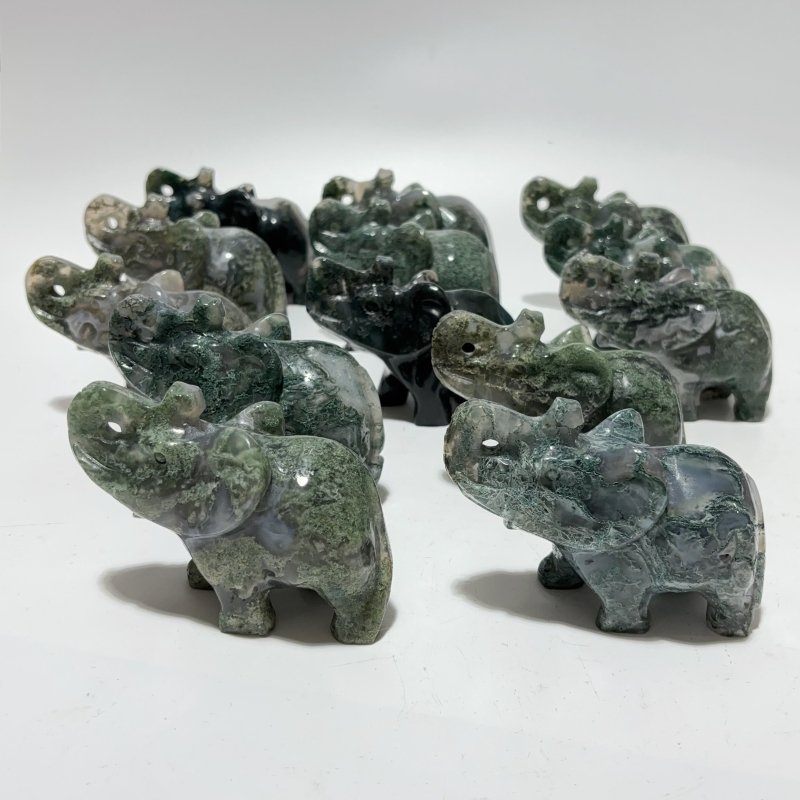 13 Pieces Beautiful Moss Agate Elephant Carving -Wholesale Crystals