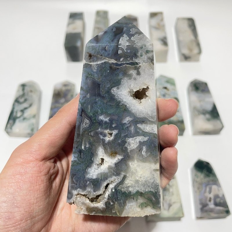 17 Pieces Geode Moss Agate Druzy Four - Sided Points - Wholesale Crystals
