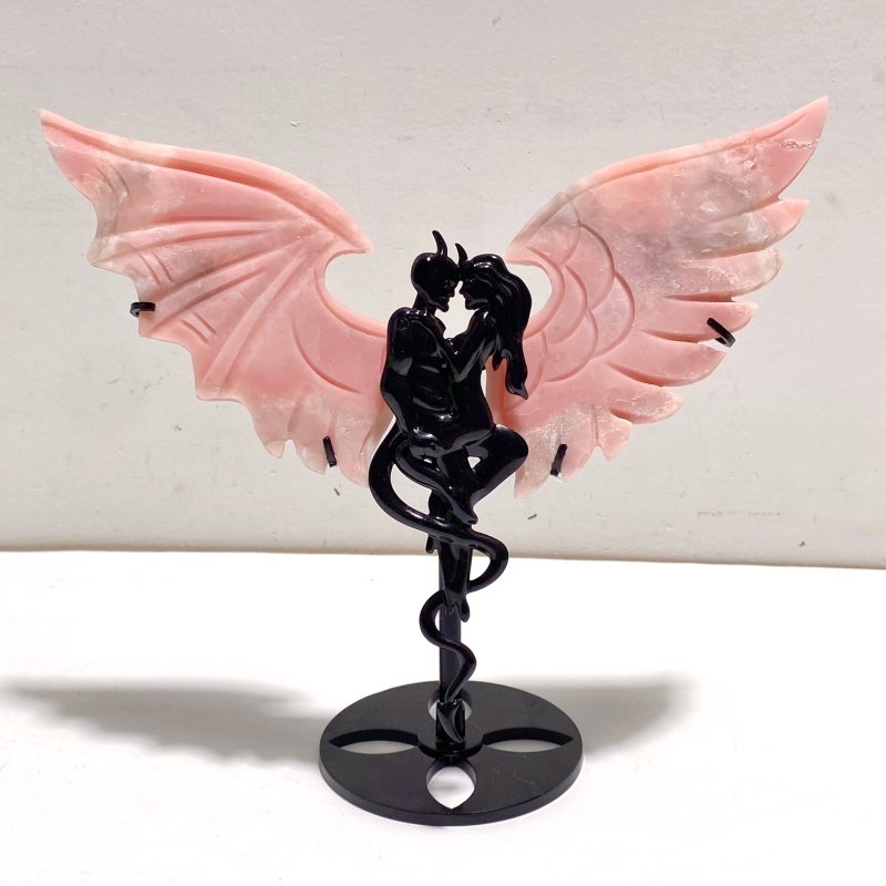 2 Pairs Pink Opal Demon Angel Wing Carving With Stand - Wholesale Crystals