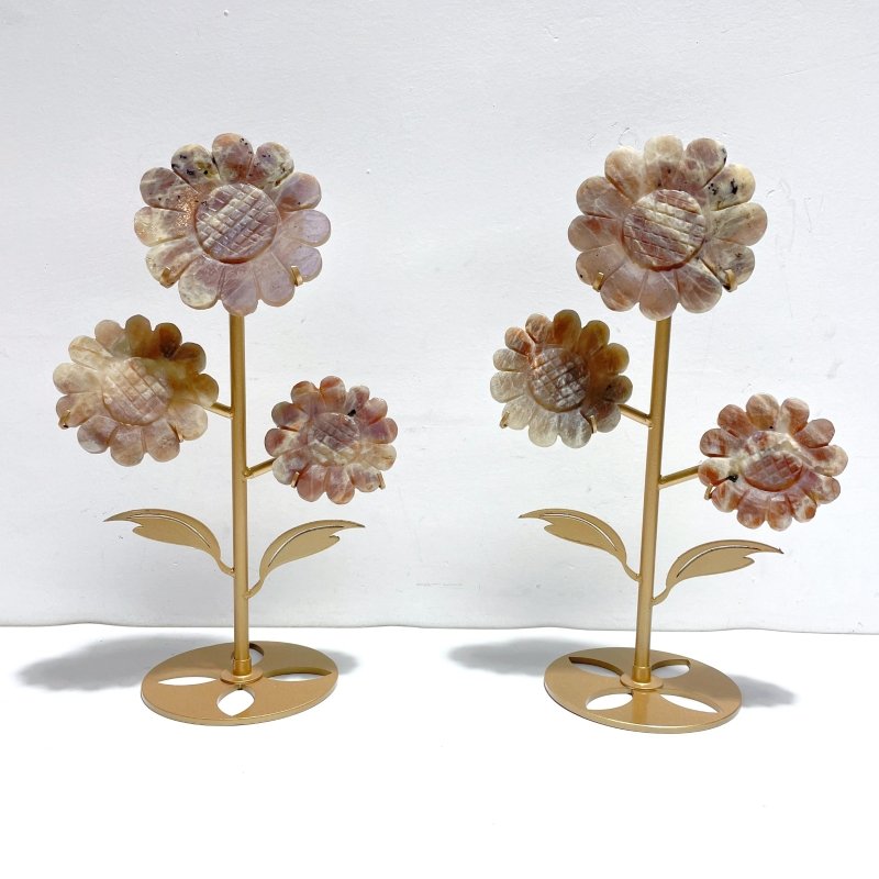 2 Pairs Sunstone Mixed Moonstone Sunflower Carving With Stand - Wholesale Crystals
