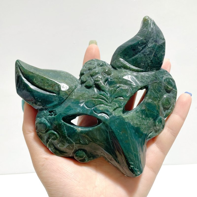 2 Pieces Moss Agate Fox Mask Carving With Stand - Wholesale Crystals