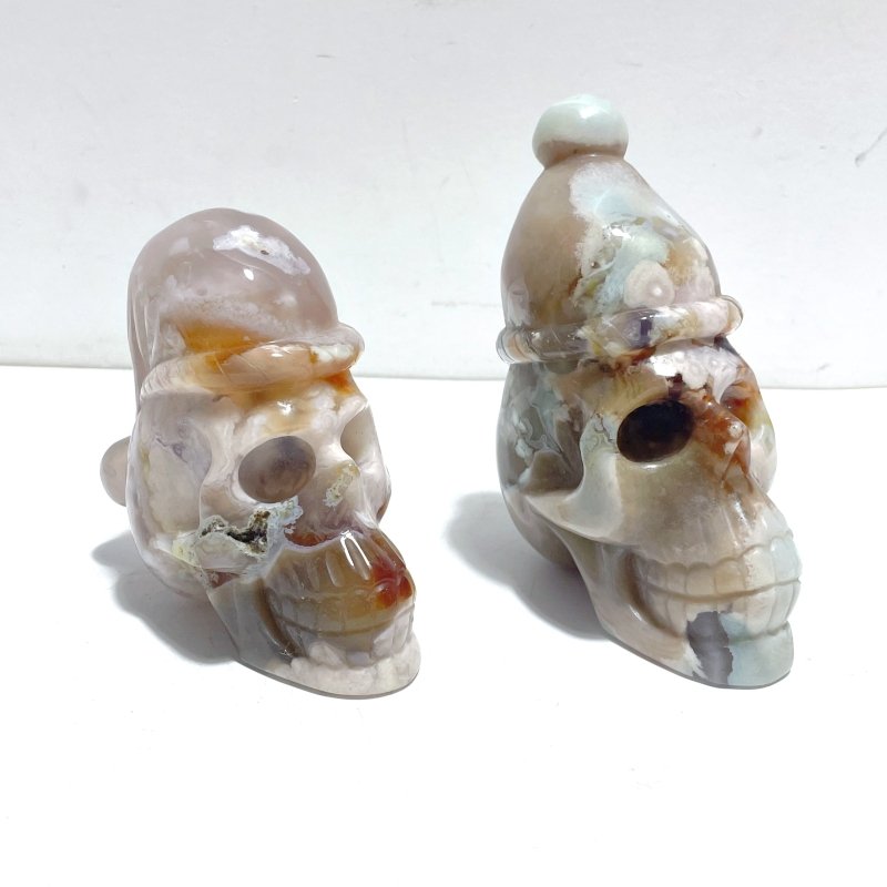 2 Pieces Sakura Flower Agate Christmas Hat Skull Carving - Wholesale Crystals