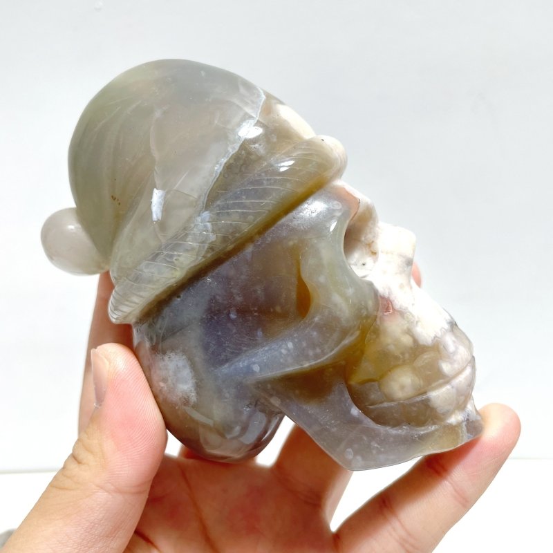 2 Pieces Sakura Flower Agate Christmas Hat Skull Carving - Wholesale Crystals