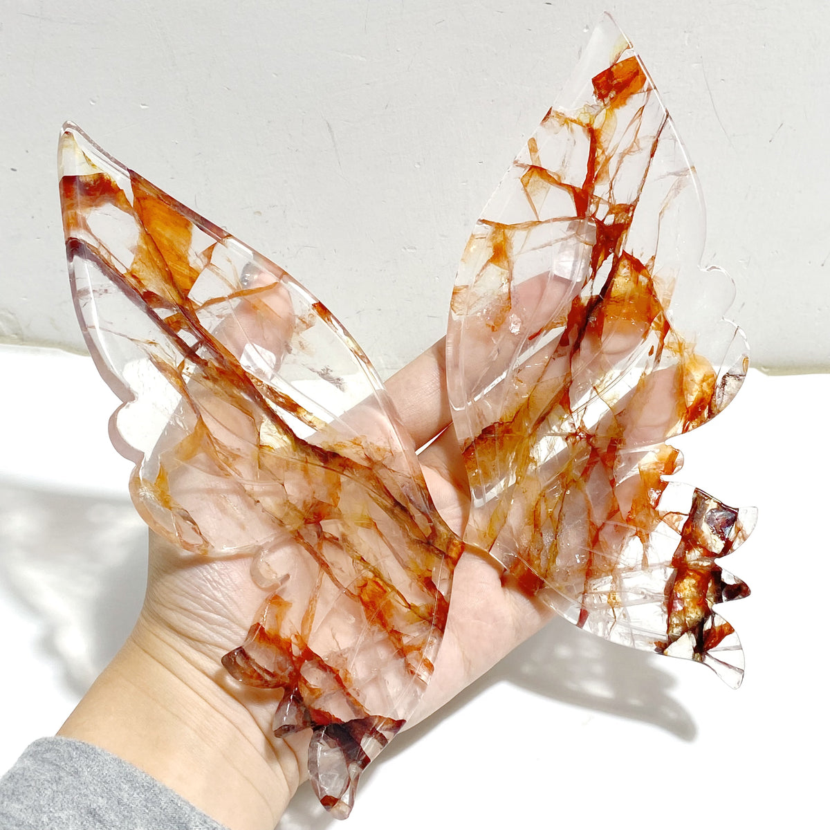 Red Fire Quartz Butterfly Wing Carving With Stand