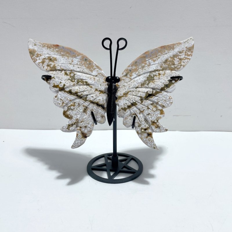 3 Pairs 8th Vein Ocean Jasper Butterfly Wing Carving With Stand #3 - Wholesale Crystals