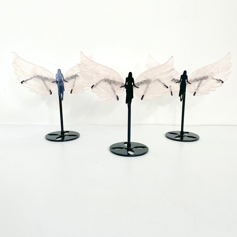 3 Pairs Rose Quartz Angel Wing Carving With Stand - Wholesale Crystals