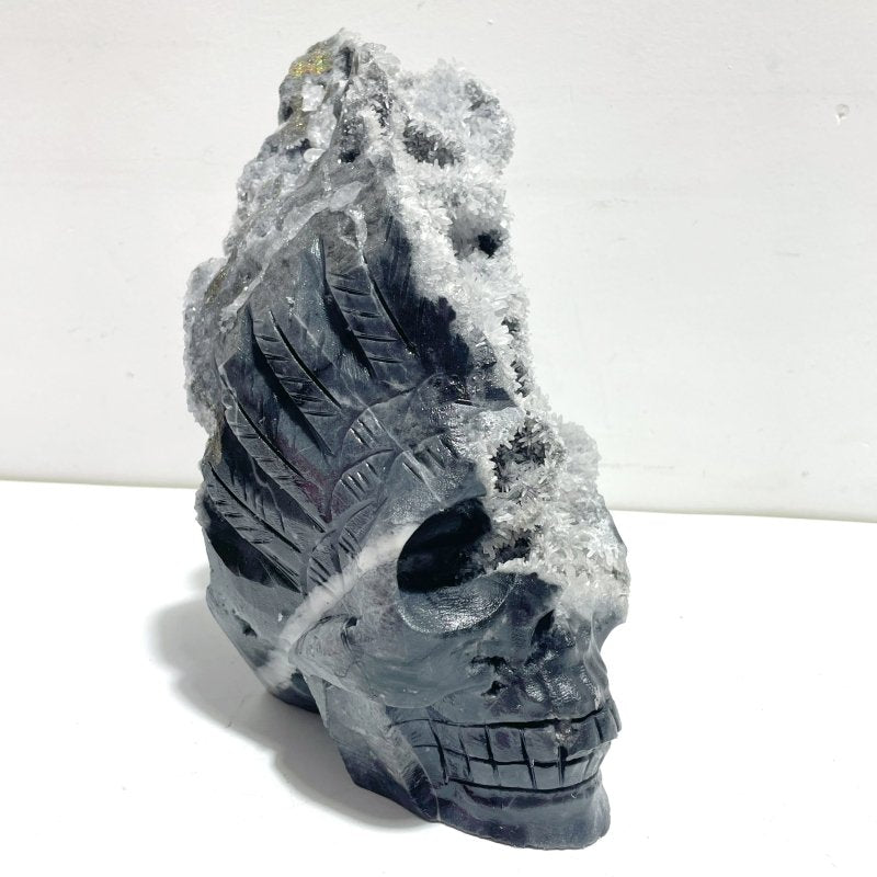 3 Pieces Black Clear Quartz Cluster Skull Carving - Wholesale Crystals