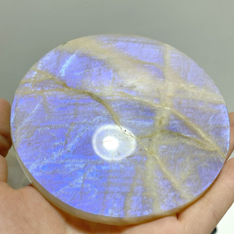 3 Pieces Blue Moonstone Round Plate Home Decoration With Plastic Base - Wholesale Crystals