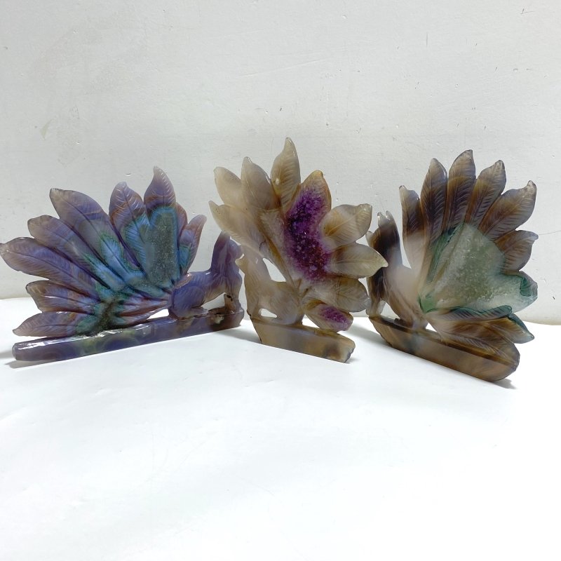 3 Pieces Geode Agate Druzy Nine-tailed Fox Carving (Defective) -Wholesale Crystals