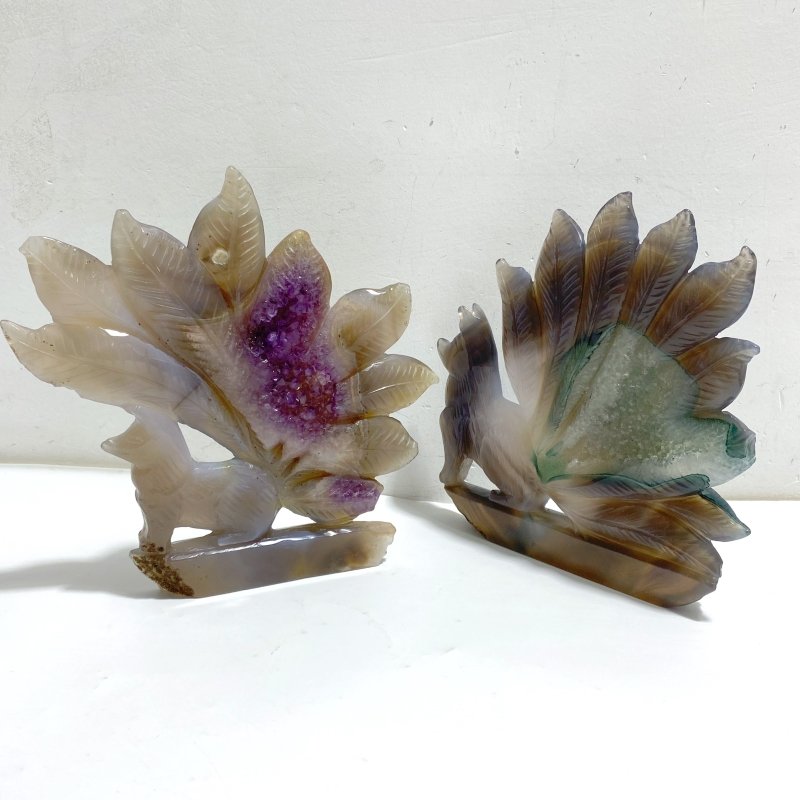 3 Pieces Geode Agate Druzy Nine-tailed Fox Carving (Defective) -Wholesale Crystals