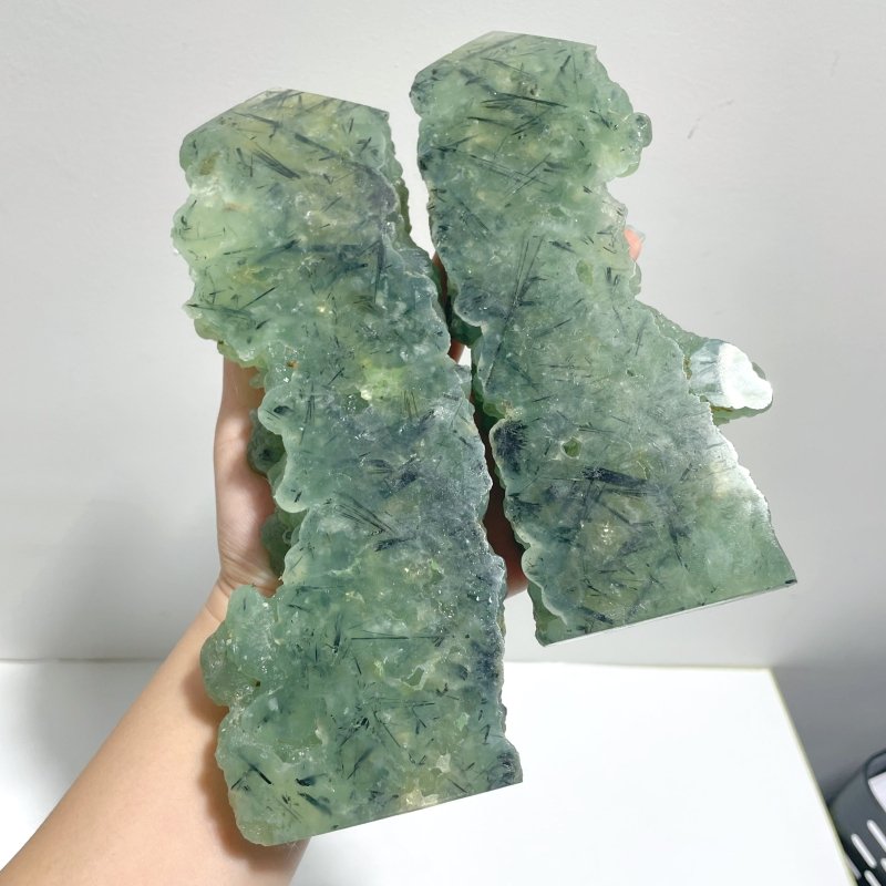 3 Pieces Large Natural Prehnite Tower Raw Side - Wholesale Crystals
