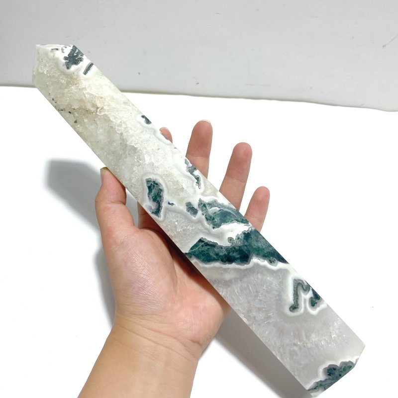 3 Pieces Tall Geode Druzy White Moss Agate Tower Points - Wholesale Crystals