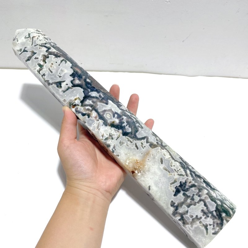 3 Pieces Tall Geode Druzy White Moss Agate Tower Points - Wholesale Crystals