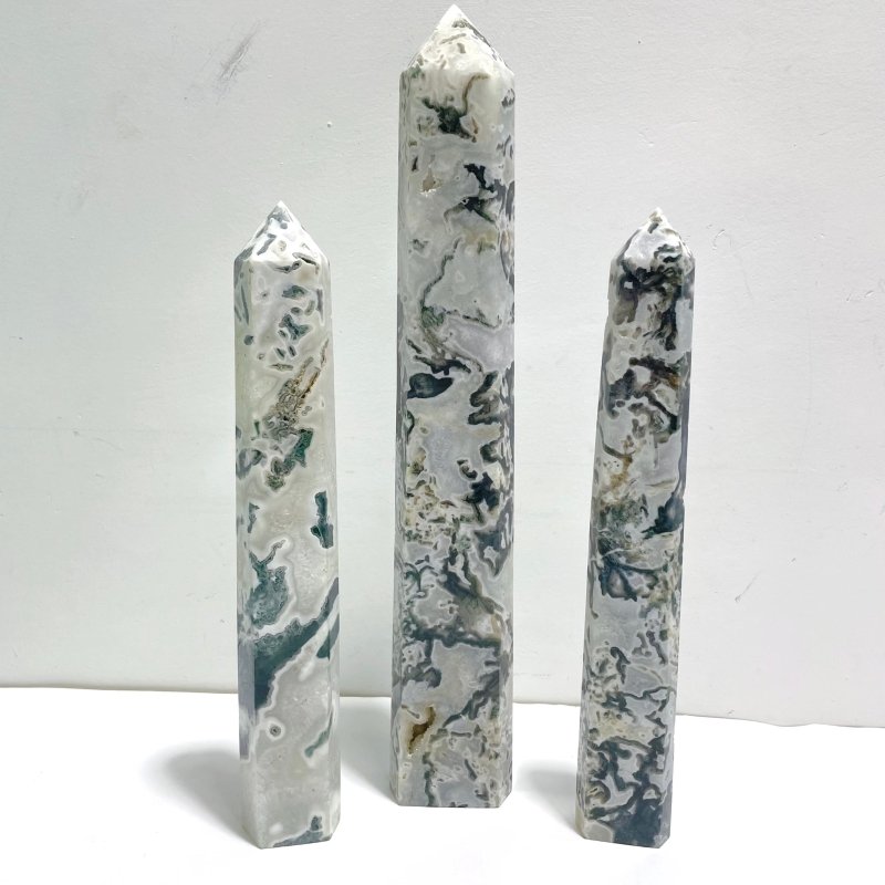 3 Pieces Tall Geode Druzy White Moss Agate Tower Points - Wholesale Crystals