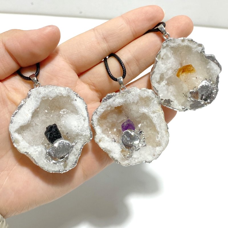 3 Styles Geode Druzy Agate Slice Irregular Pendant Wholesale Black Tourmaline Amethyst Citrine - Wholesale Crystals