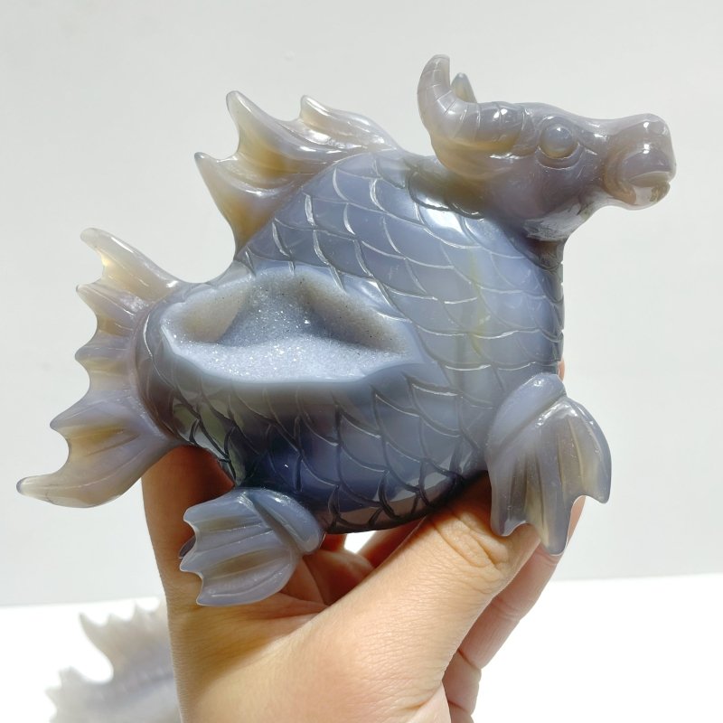 4 Pieces Geode Druzy Agate Fish with Pig&Calf Head Carving - Wholesale Crystals