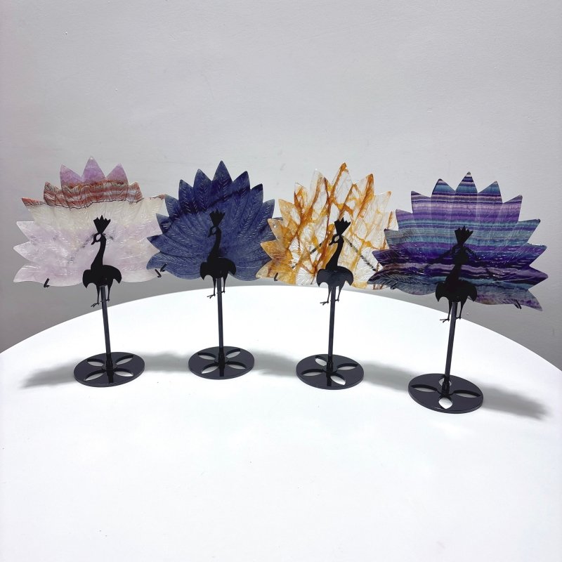 4 Pieces Peacock Shape Stone Carving With Stand Fluorite Amethyst Mixed Agate - Wholesale Crystals