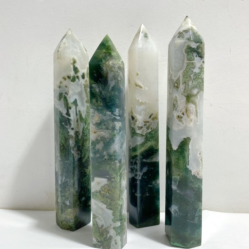4 Pieces Tall Green Moss Agate Points -Wholesale Crystals
