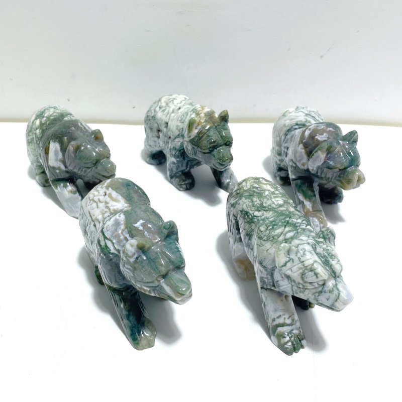 5 Pieces Beautiful Moss Agate Bear Carving - Wholesale Crystals
