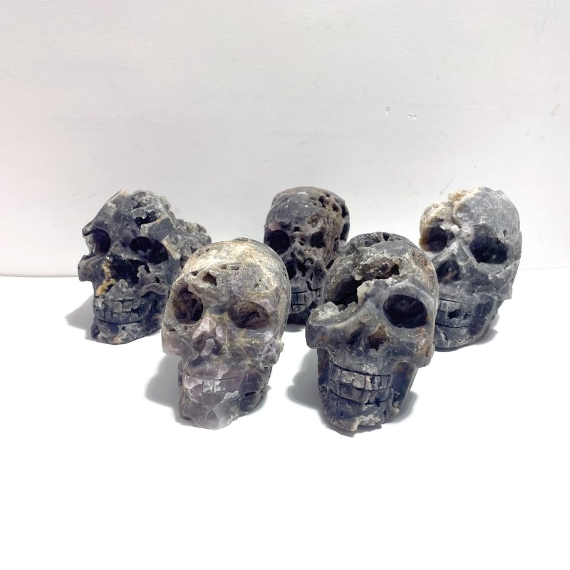 5 Pieces Druzy Geode Purple Fluorite Skull Carving - Wholesale Crystals