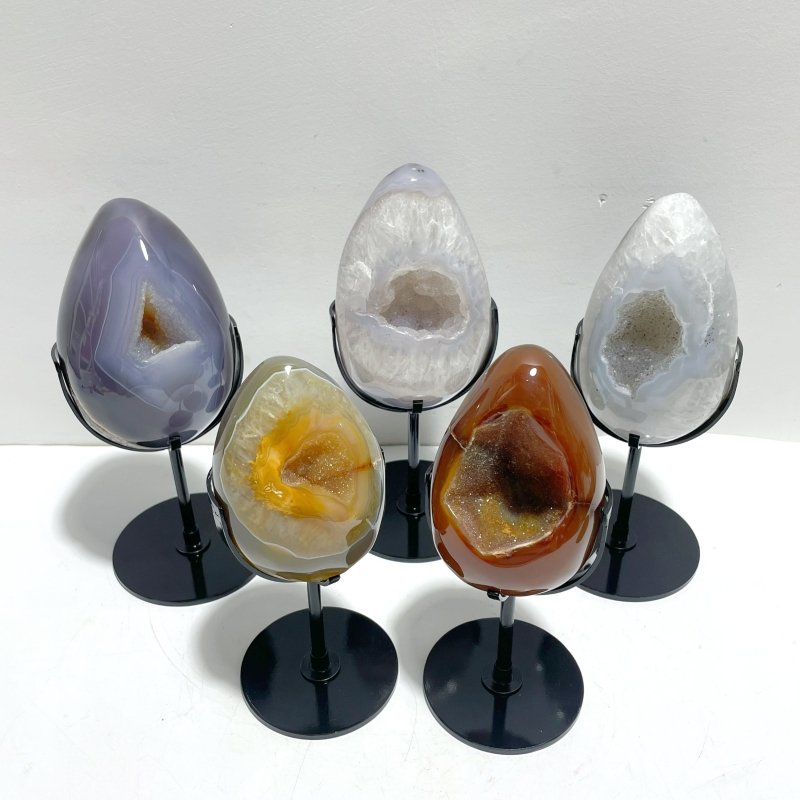 5 Pieces Geode Druzy Eggs Carving With Stand - Wholesale Crystals