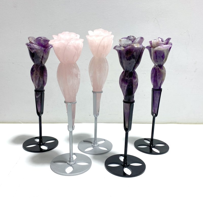 5 Pieces Rose Quartz Chevron Amethyst Flower Carving With Stand - Wholesale Crystals