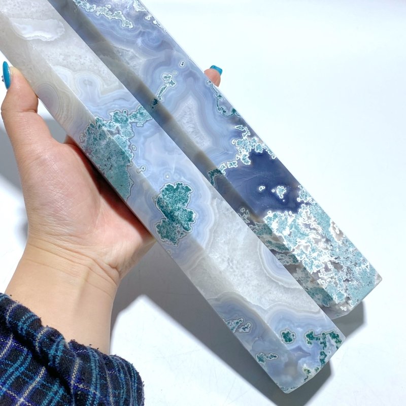 5 Pieces Tall Geode White Moss Agate Points - Wholesale Crystals