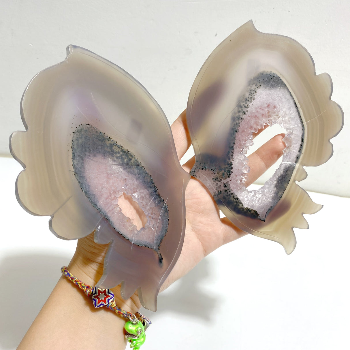 Unique Geode Druzy Agate Butterfly Wing Carving With Stand