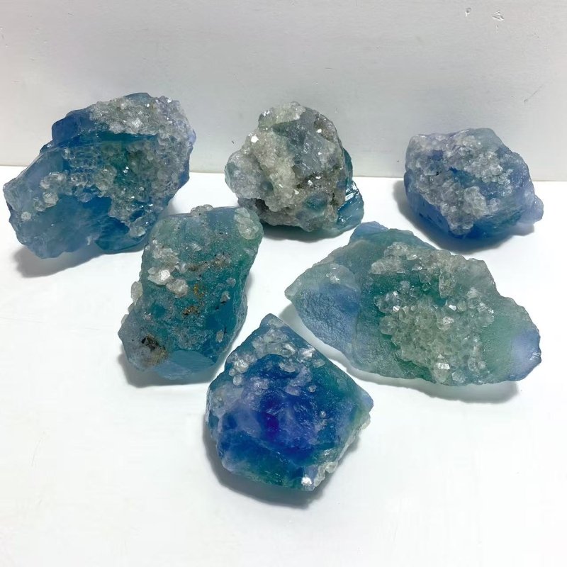 6 Pieces Large Raw Blue Fluorite Mixed Calcite Specimen - Wholesale Crystals