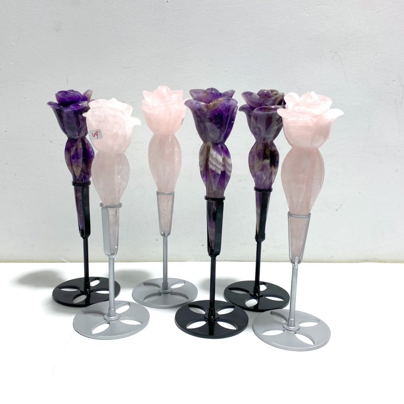 6 Pieces Rose Quartz Chevron Amethyst Flower Carving With Stand - Wholesale Crystals