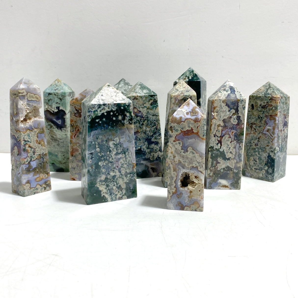 11 Pieces Moss Agate Four-Sided Tower Points