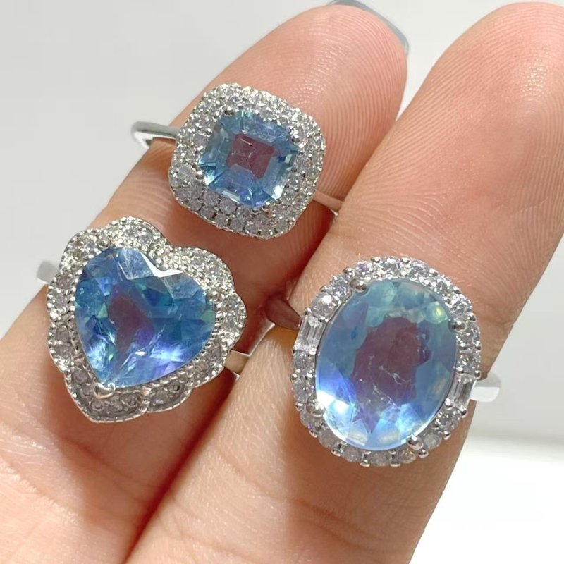 8 Pieces Beautiful High Quality S925 Sterling Silver Cut Faceted Aquamarine Different Styles Ring - Wholesale Crystals