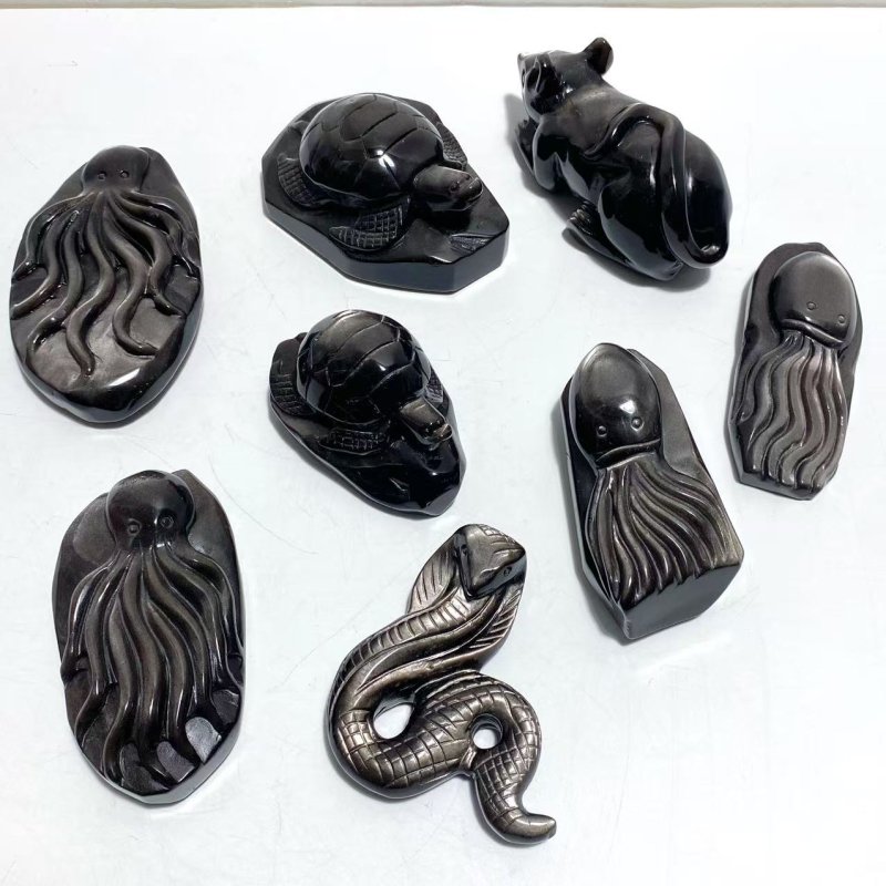 8 Pieces Silver Sheen Obsidian Animals Carving - Wholesale Crystals