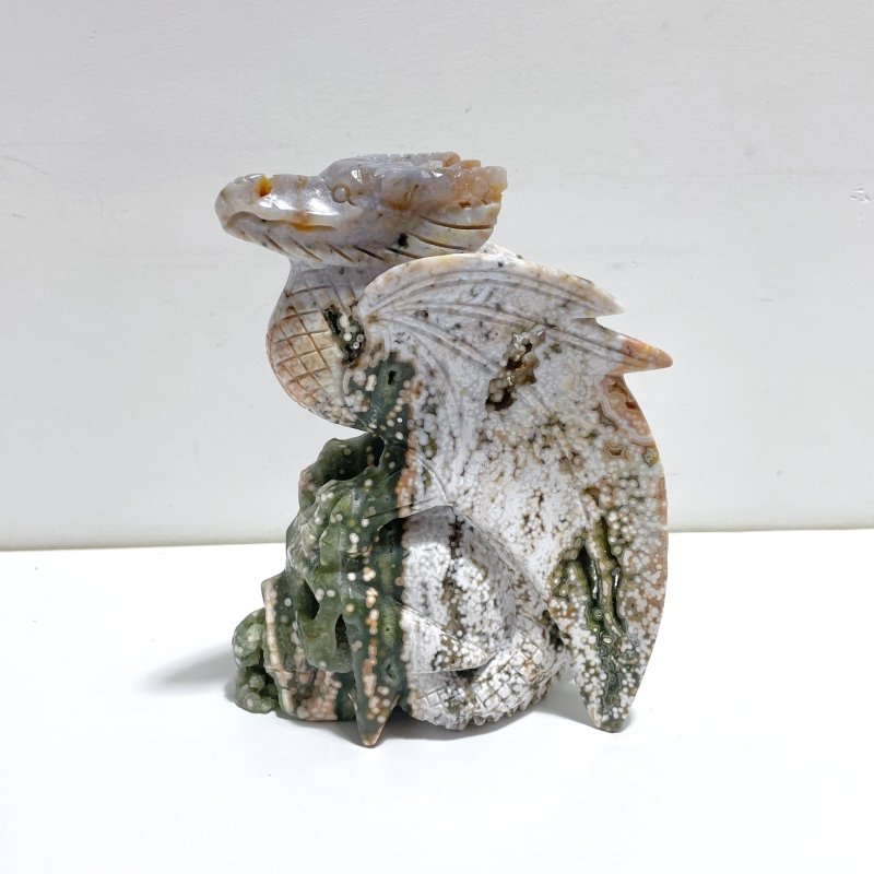 8th Vein Ocean Jasper Flying Dragon With Skull Carving - Wholesale Crystals