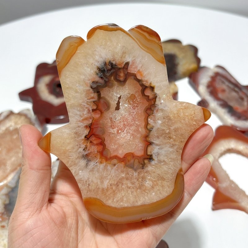 9 Pieces Large Carnelian Geode Hamsa Hand Carving - Wholesale Crystals