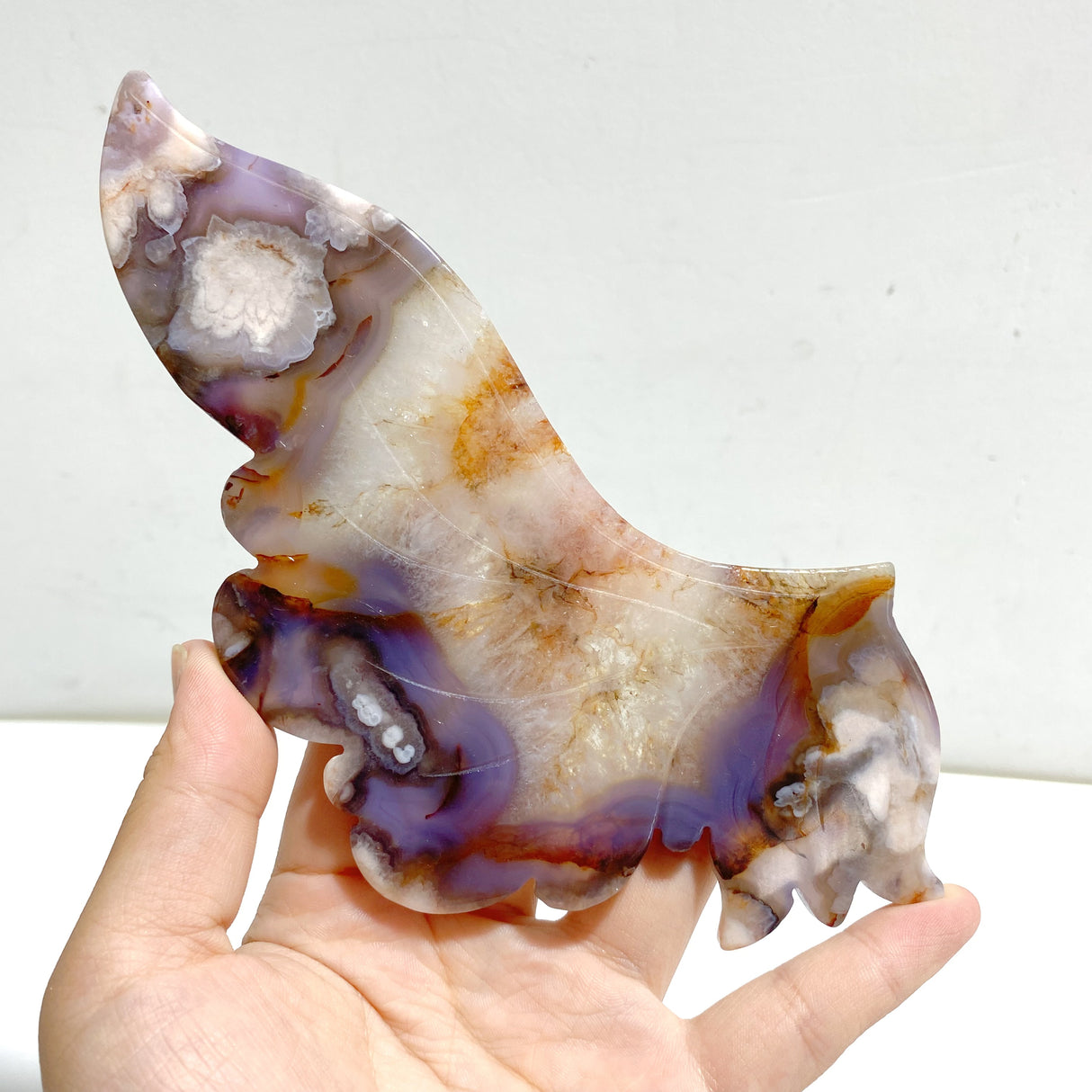 Unique Purple Sakura Flower Agate Butterfly Wing Carving With Stand