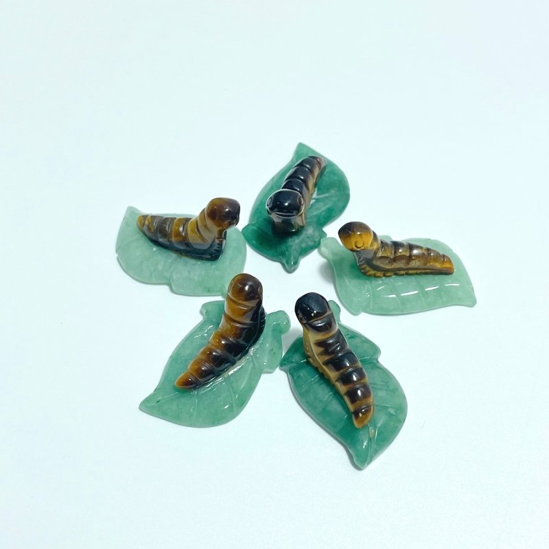 Caterpillar On Leaf Mini Carving Wholesale Tiger Eye Rose Quartz - Wholesale Crystals