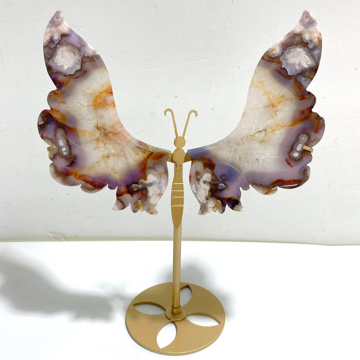 Unique Purple Sakura Flower Agate Butterfly Wing Carving With Stand