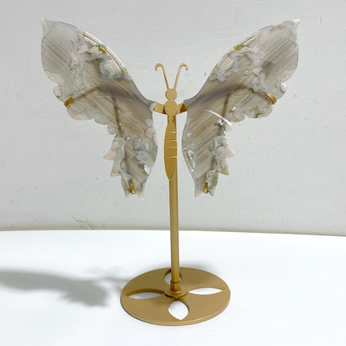 Green Sakura Flower Agate Butterfly Wing Carving With Stand
