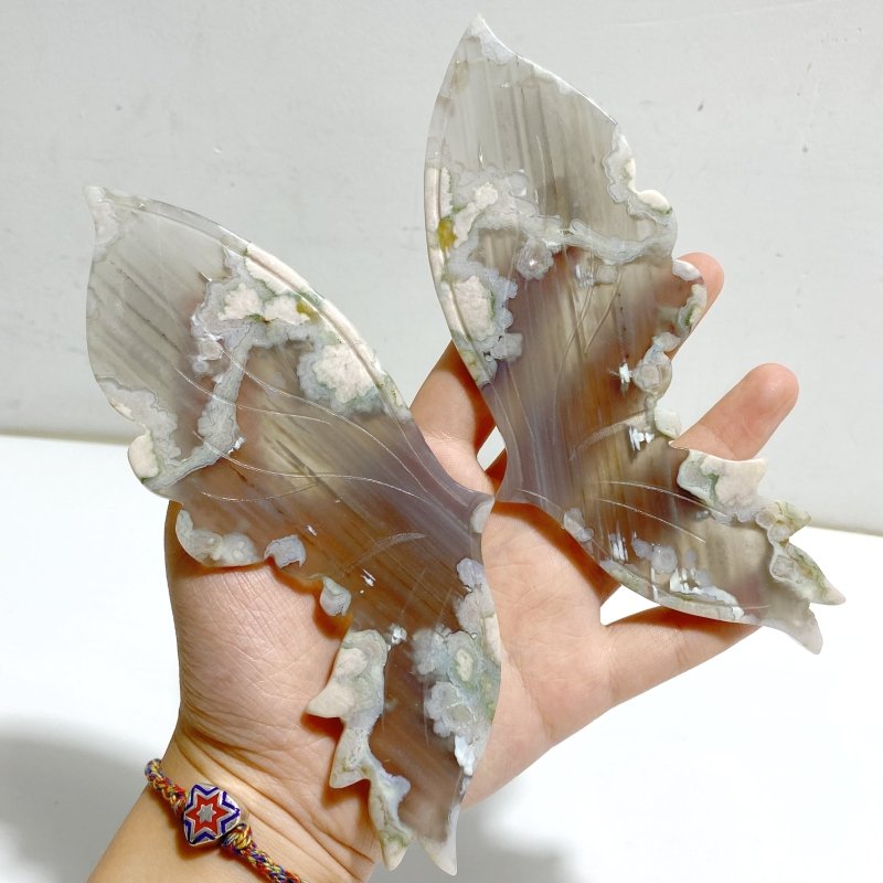 Green Sakura Flower Agate Butterfly Wing Carving With Stand -Wholesale Crystals