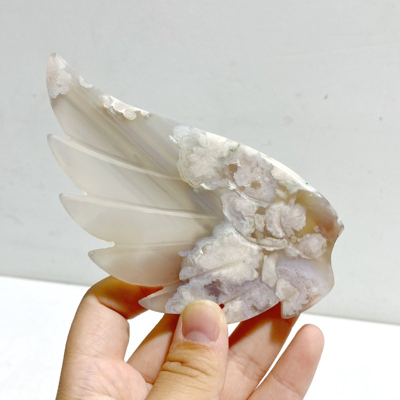 Green Sakura Flower Agate Heart Wing Carving With Stand - Wholesale Crystals