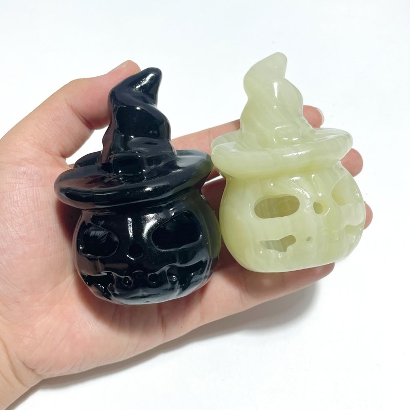 Halloween Pumpkin Wizard Hollow Carving Wholesale Black Obsidian Afghanistan Jade - Wholesale Crystals