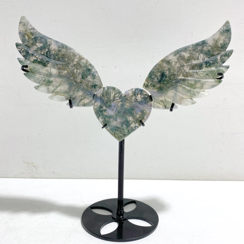 Moss Agate Heart Wing Carving With Stand -Wholesale Crystals