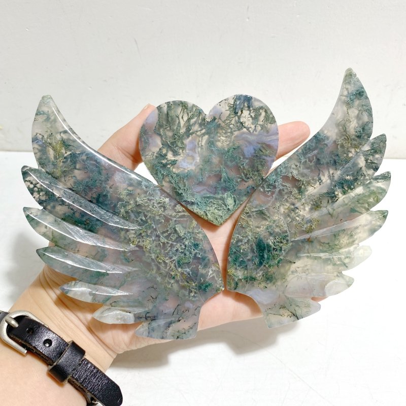 Moss Agate Heart Wing Carving With Stand -Wholesale Crystals