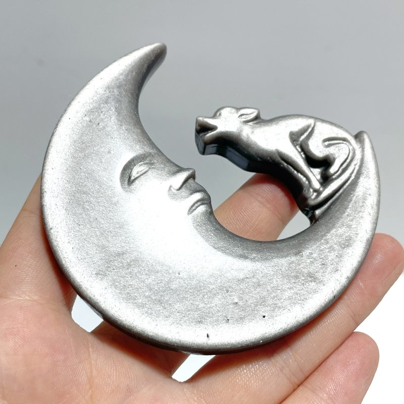 Silver Sheen Obsidian Moon Face Wolf Carving Wholesale - Wholesale Crystals