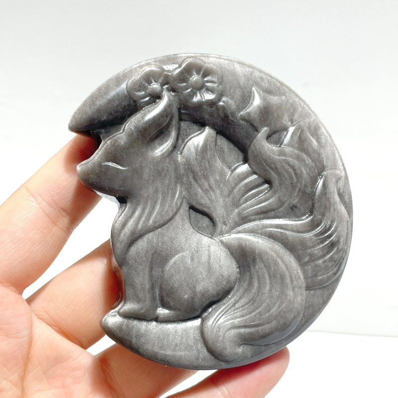 Silver Sheen Obsidian Nine - tailed Fox Moon Carving Wholesale - Wholesale Crystals
