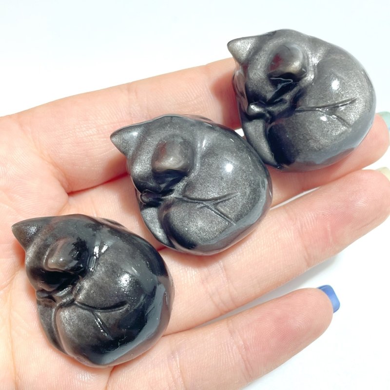 Small Silver Sheen Obsidian Sleeping Cat Carving Wholesale - Wholesale Crystals