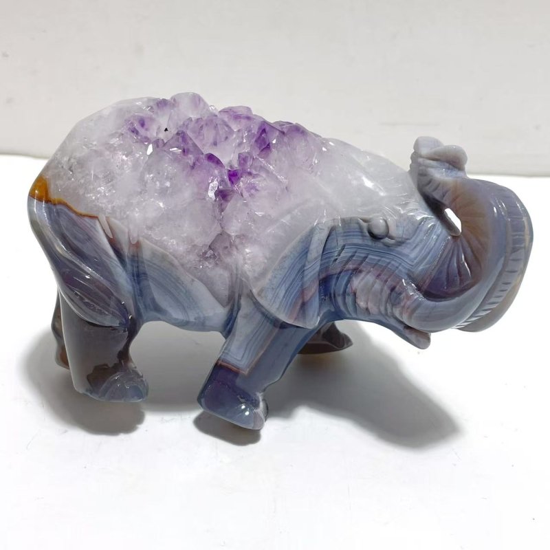 Unique Amethyst Mixed Geode Druzy Agate Elephant Animal Carving A12 - Wholesale Crystals