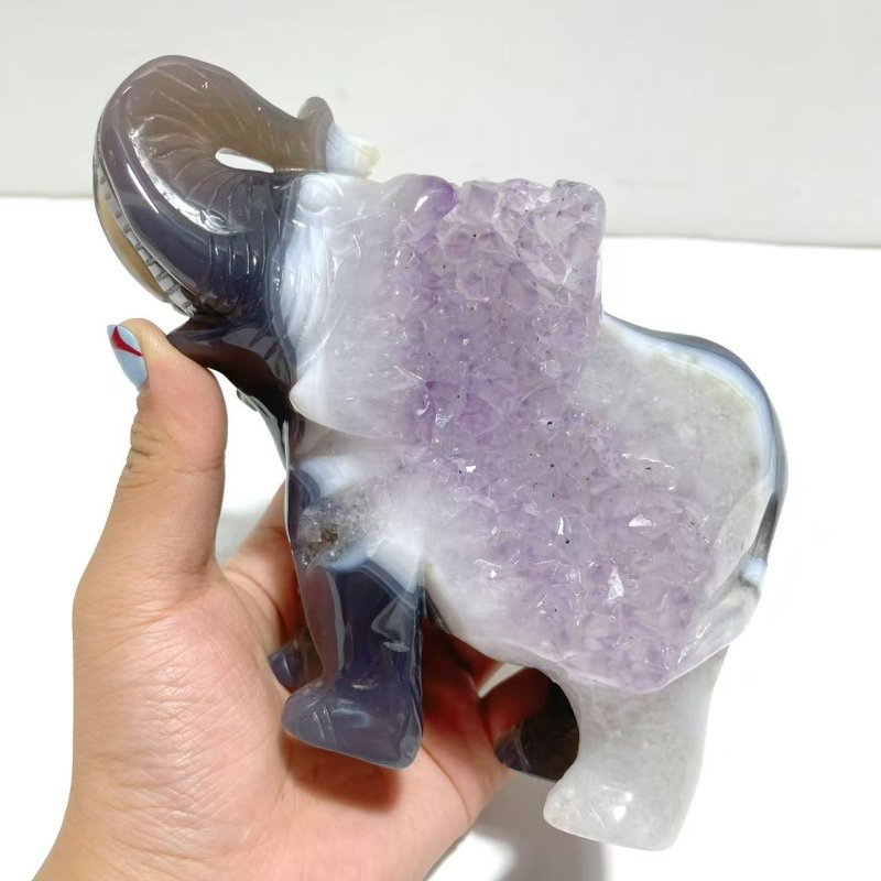 Unique Amethyst Mixed Geode Druzy Agate Elephant Animal Carving A16 - Wholesale Crystals