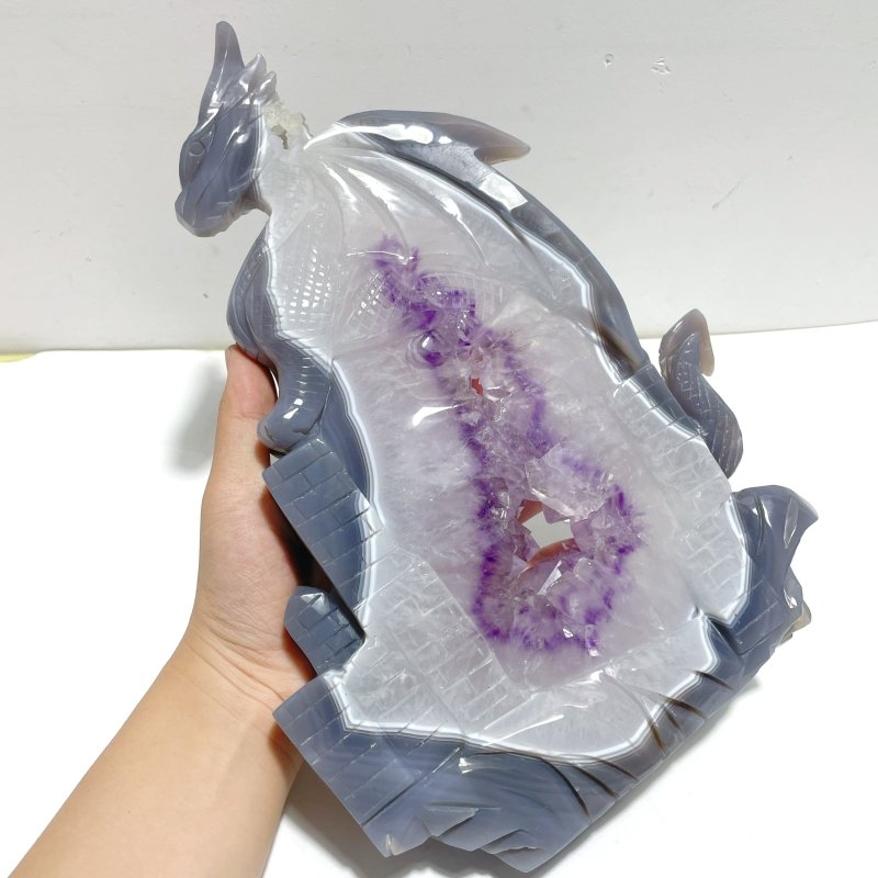 Unique Large Amethyst Mixed Geode Druzy Agate Flying Dragon Castle Carving With Stand - Wholesale Crystals